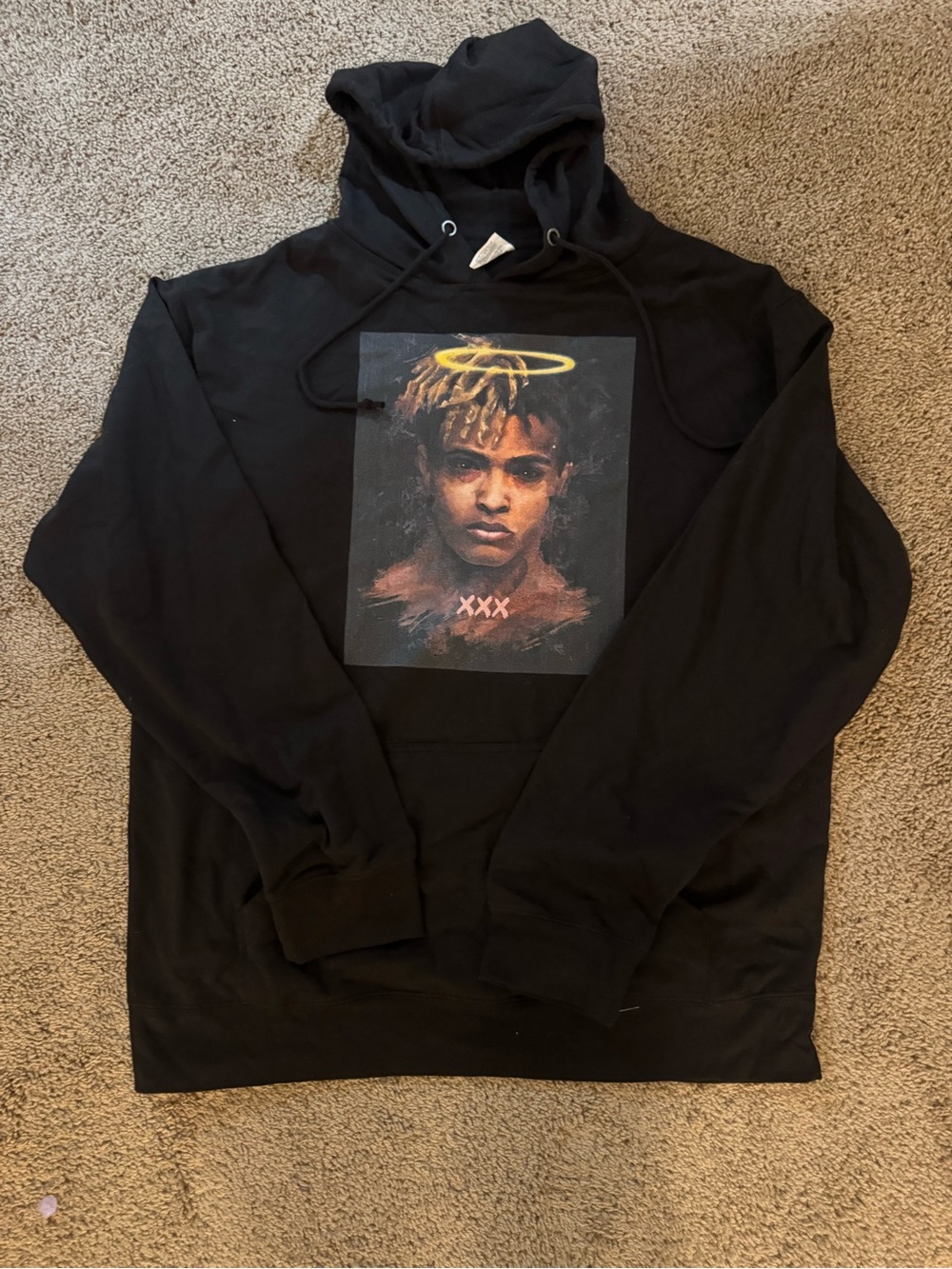 XXX TENTACION Delta Black Graphic Hoodie with Multicolor Portrait Print
